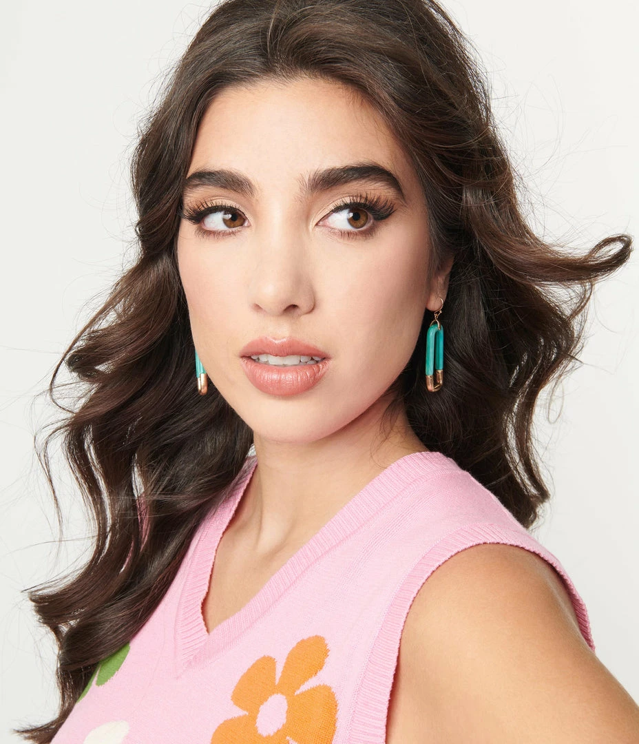 FAME Accessories 1970s Blue Marble & Gold Hoop Drop Earrings