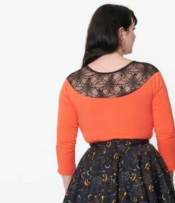 Lifestyle Group (UK) Ltd Plus Size Orange Red & Spiderweb Lace Collar Knit Top