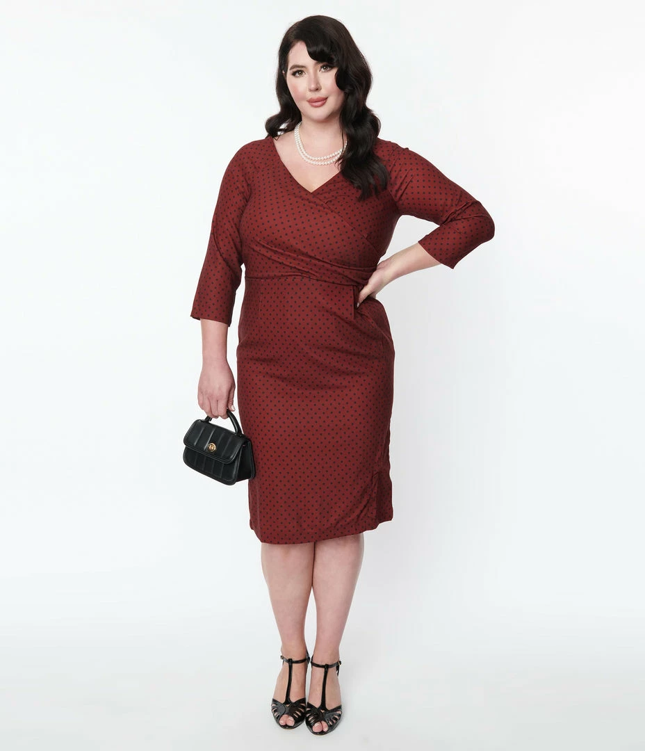 SHEEN Clothing Ltd 1930s & 1940s Plus Size Burgundy & Black Polka Dot Katherine Midi Dress