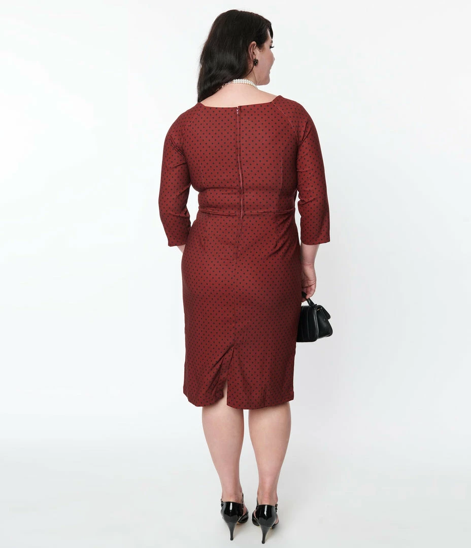 SHEEN Clothing Ltd 1930s & 1940s Plus Size Burgundy & Black Polka Dot Katherine Midi Dress
