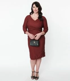 SHEEN Clothing Ltd 1930s & 1940s Plus Size Burgundy & Black Polka Dot Katherine Midi Dress