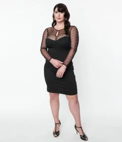 SHEEN Clothing Ltd Plus Size Black Illusion Neckline Katniss Wiggle Dress 1950s