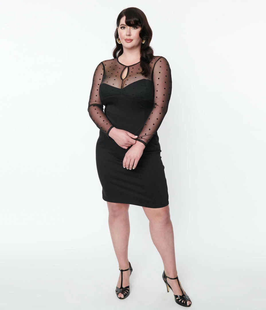 SHEEN Clothing Ltd Plus Size Black Illusion Neckline Katniss Wiggle Dress 1950s