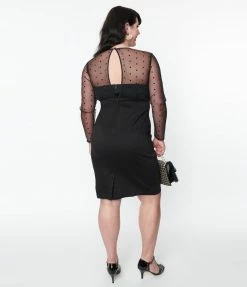 SHEEN Clothing Ltd Plus Size Black Illusion Neckline Katniss Wiggle Dress 1950s