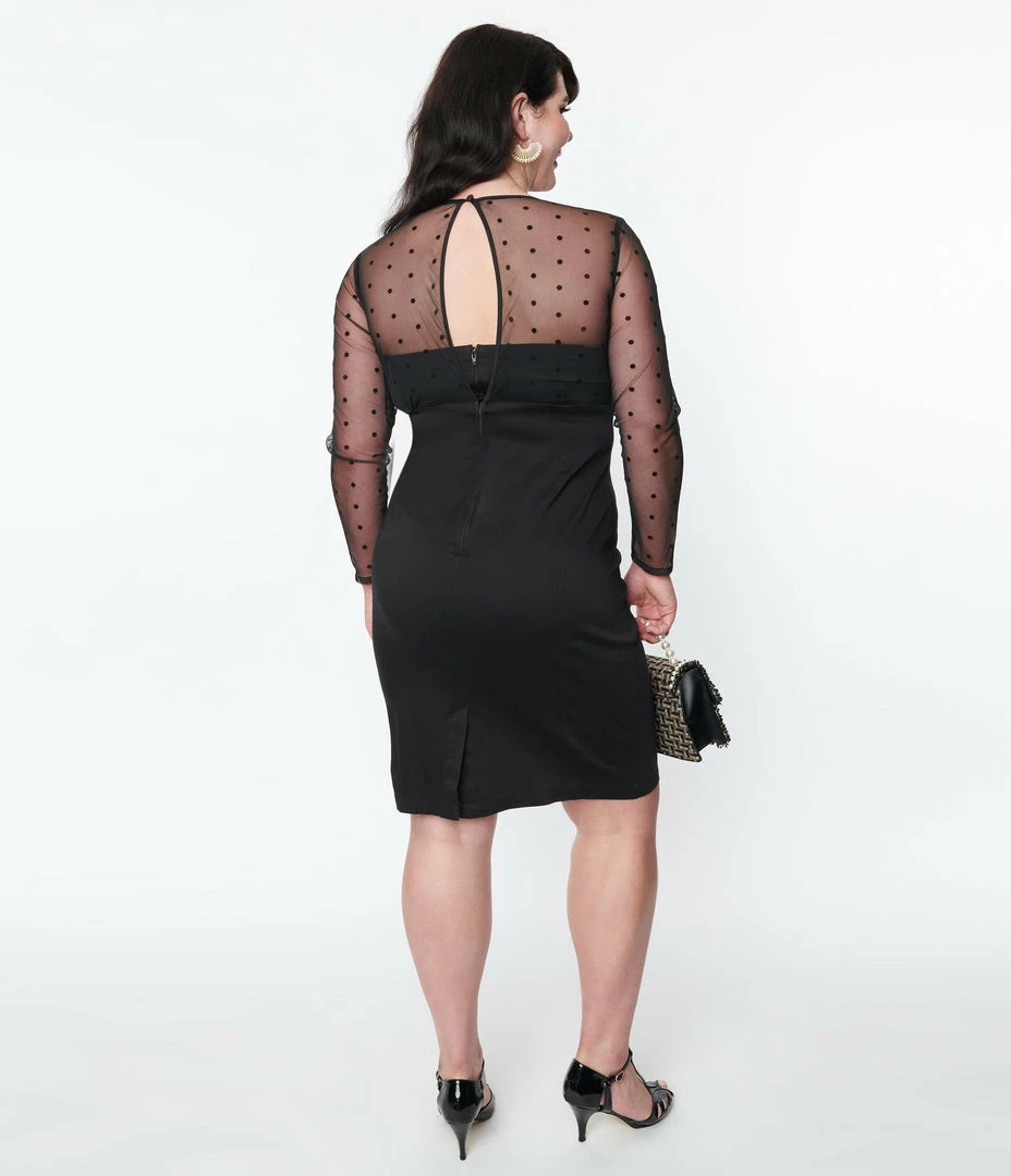 SHEEN Clothing Ltd Plus Size Black Illusion Neckline Katniss Wiggle Dress 1950s