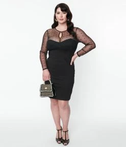 SHEEN Clothing Ltd Plus Size Black Illusion Neckline Katniss Wiggle Dress 1950s