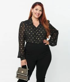 SHEEN Clothing Ltd Tops Plus Size Black & Gold Foil Hearts Belinda Blouse