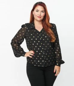 SHEEN Clothing Ltd Tops Plus Size Black & Gold Foil Hearts Belinda Blouse