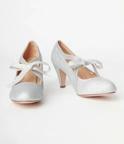 In Touch Footwear Silver Glitter Cross Strap Heels 1930s & 1940s