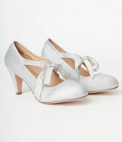 In Touch Footwear Silver Glitter Cross Strap Heels 1930s & 1940s