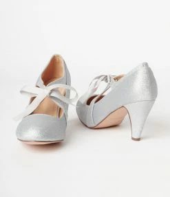 In Touch Footwear Silver Glitter Cross Strap Heels 1930s & 1940s