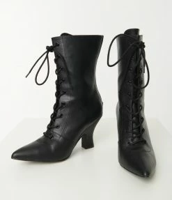 YRU (Strange Cvlt) Black Leatherette Victoria Lace Up Boot
