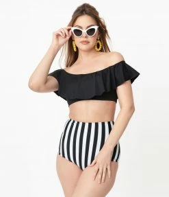 Unique Vintage Black & White Stripe Button High Waist Louise Swim Bottoms Swimwear