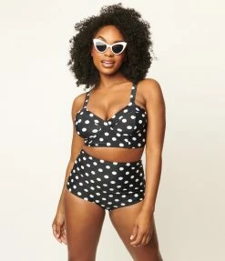 Swimwear Unique Vintage Black & White Dot Marlene Crop Swim Top