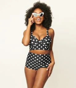 Swimwear Unique Vintage Black & White Dot Marlene Crop Swim Top