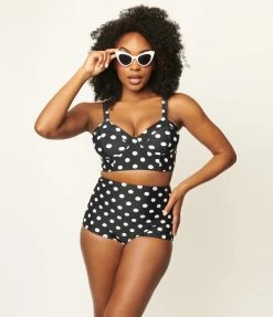 Unique Vintage Black & White Dotted Button High Waist Louise Swim Bottoms Swimwear