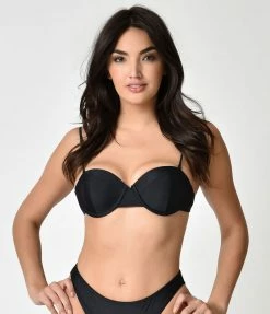 Unique Vintage Black Sweetheart Bandeau Charlene Swim Top Swimwear