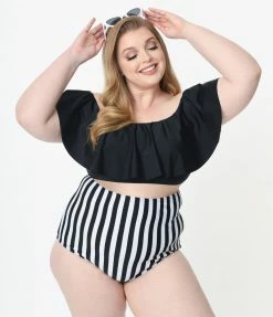 Unique Vintage Plus Size Black & White Stripe High Waist Louise Swim Bottoms