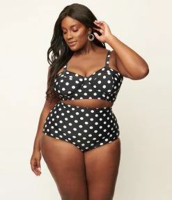 Unique Vintage Plus Size Black & White Polka Dot Marlene Crop Swim Top