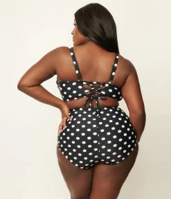 Unique Vintage Plus Size Black & White Polka Dot Marlene Crop Swim Top