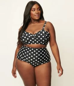 Unique Vintage Plus Size Black & White Polka Dot Marlene Crop Swim Top