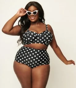 Unique Vintage Plus Size Black & White Polka Dot Marlene Crop Swim Top