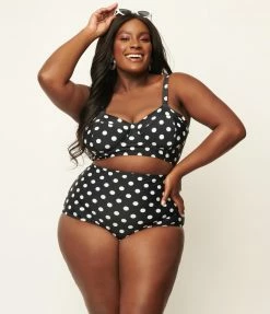 Unique Vintage Plus Size Black & White Polka Dot Marlene Crop Swim Top