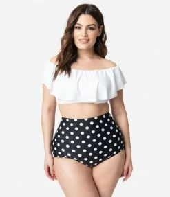 Unique Vintage Plus Size White Ruffled Ramona Swim Top Swimwear