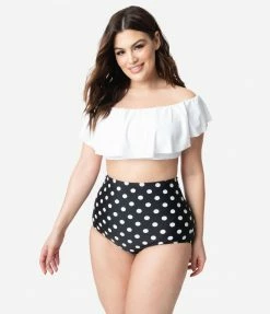 Unique Vintage Plus Size White Ruffled Ramona Swim Top Swimwear
