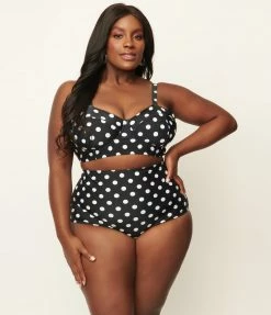 Unique Vintage Plus Size Black & White Polka Dot High Waist Louise Swim Bottoms Swimwear