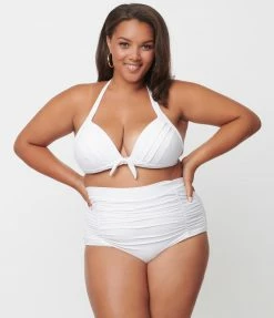 Swimwear Unique Vintage Plus Size Solid White Monroe Halter Swim Top