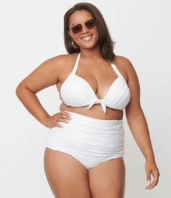 Swimwear Unique Vintage Plus Size Solid White Monroe Halter Swim Top