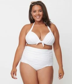 Swimwear Unique Vintage Plus Size Solid White Monroe Halter Swim Top