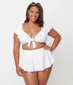 Unique Vintage Plus Size White Ruffled Cap Sleeve Frida Swim Top