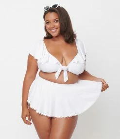 Unique Vintage Plus Size White Ruffled Cap Sleeve Frida Swim Top