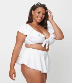 Unique Vintage Plus Size White Ruffled Cap Sleeve Frida Swim Top