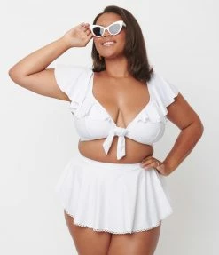 Unique Vintage Plus Size White Ruffled Cap Sleeve Frida Swim Top
