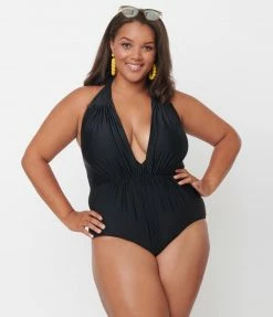 Swimwear Unique Vintage Plus Size Black Halter Shirred Derek One Piece Swimsuit
