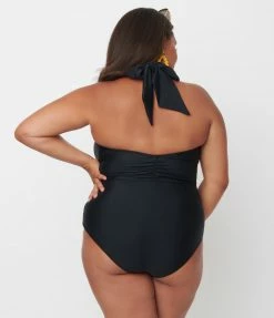 Swimwear Unique Vintage Plus Size Black Halter Shirred Derek One Piece Swimsuit