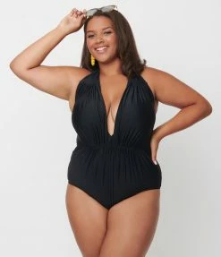 Swimwear Unique Vintage Plus Size Black Halter Shirred Derek One Piece Swimsuit