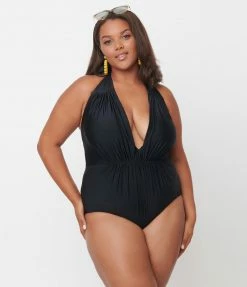 Swimwear Unique Vintage Plus Size Black Halter Shirred Derek One Piece Swimsuit