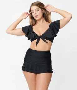 Unique Vintage Black Skirted High Waist Alice Swim Bottoms Swimwear