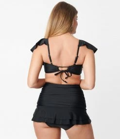 Unique Vintage Black Skirted High Waist Alice Swim Bottoms Swimwear