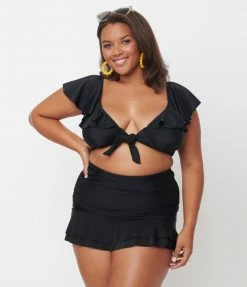Unique Vintage Plus Size Black Ruffled Cap Sleeve Frida Swim Top Swimwear