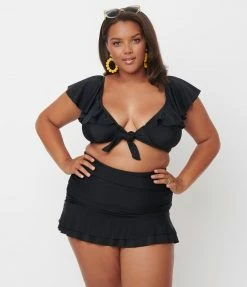 Unique Vintage Plus Size Black Ruffled Cap Sleeve Frida Swim Top Swimwear
