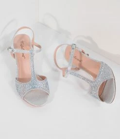 Pleaser Shimmering Silver Rhinestone Peep Toe T-Strap Kitten Heels Shoes