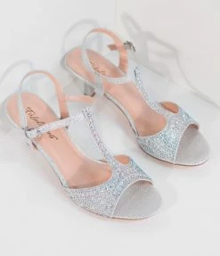 Pleaser Shimmering Silver Rhinestone Peep Toe T-Strap Kitten Heels Shoes