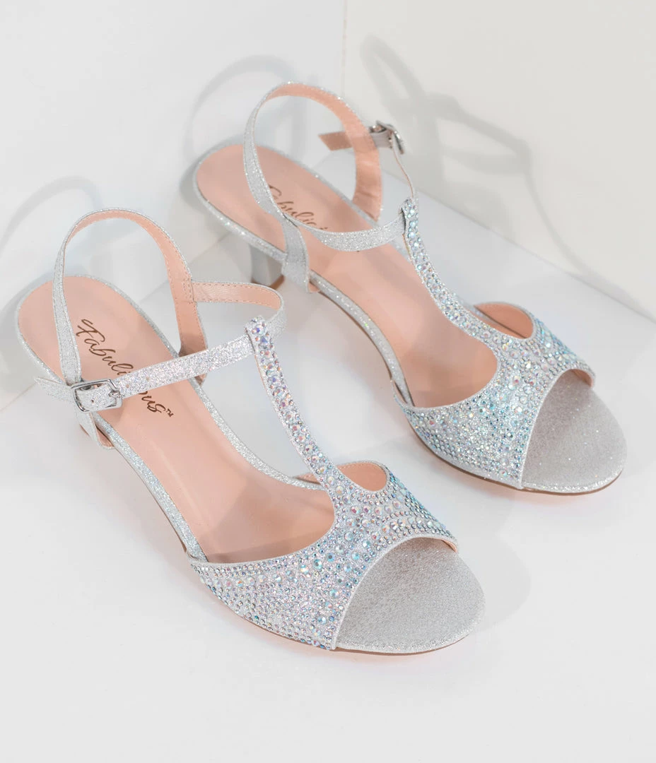 Pleaser Shimmering Silver Rhinestone Peep Toe T-Strap Kitten Heels Shoes