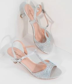 Pleaser Shimmering Silver Rhinestone Peep Toe T-Strap Kitten Heels Shoes