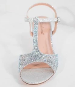 Pleaser Shimmering Silver Rhinestone Peep Toe T-Strap Kitten Heels Shoes